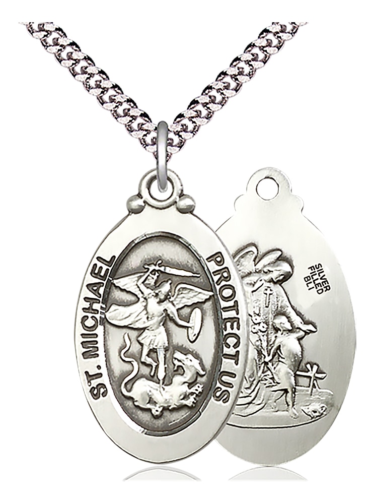 Sterling Silver Saint Michael the Archangel Pendant on an 24-inch Light Rhodium Heavy Curb Chain.  Handmade in the USA