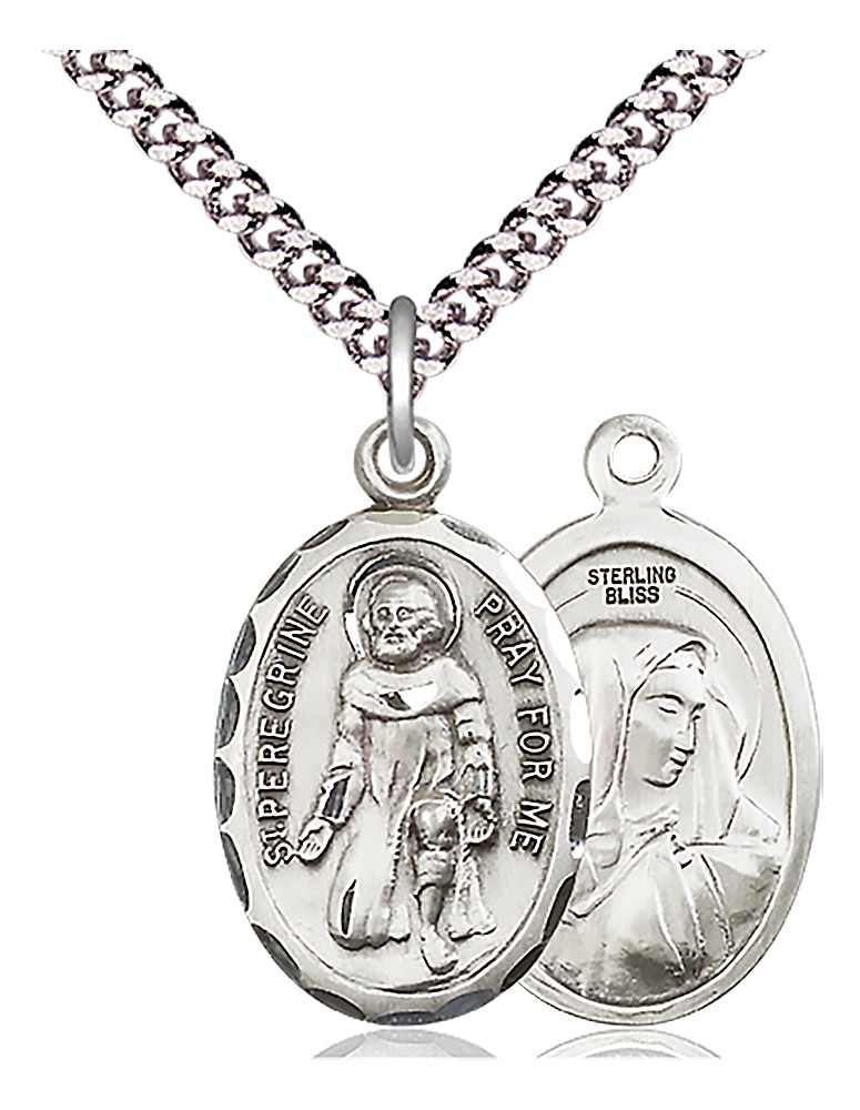 Sterling Silver Saint Peregrine Pendant on an 24-inch Light Rhodium Heavy Curb Chain.  Handmade in the USA