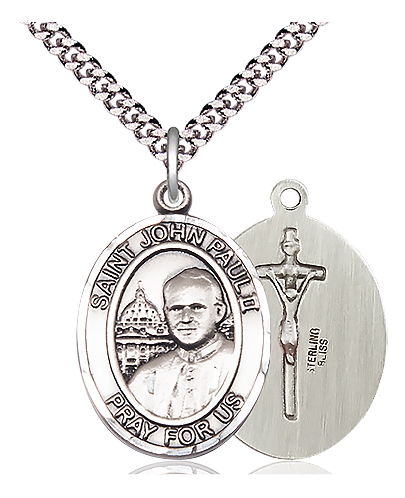 Sterling Silver Saint John Paul II Pendant on an 24-inch Light Rhodium Heavy Curb Chain.  Handmade in the USA