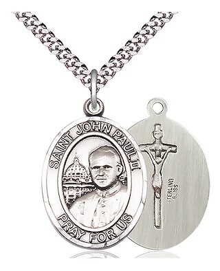 Sterling Silver Saint John Paul II Pendant on an 24-inch Light Rhodium Heavy Curb Chain.  Handmade in the USA