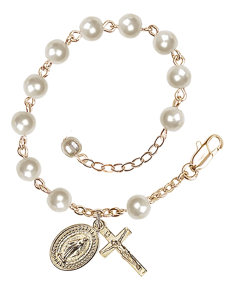 Adjustable, Imitation Pearl Rosary Bracelet in Gold-Plated.  Handmade in the USA