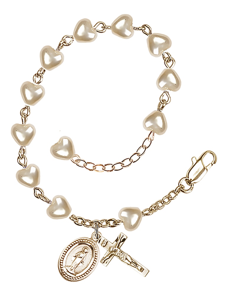 7 1/4 inch Gold Plate Rosary Bracelet with 6mm Heart Imitation Pearl Beads.  Handmade in the USA