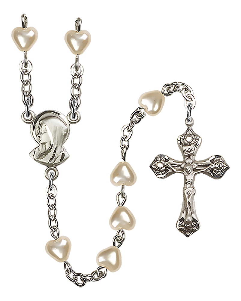 Silver Plate Rosary with 6mm Heart Imitation Pearl Beads and Madonna Center.  Handmade in the USA