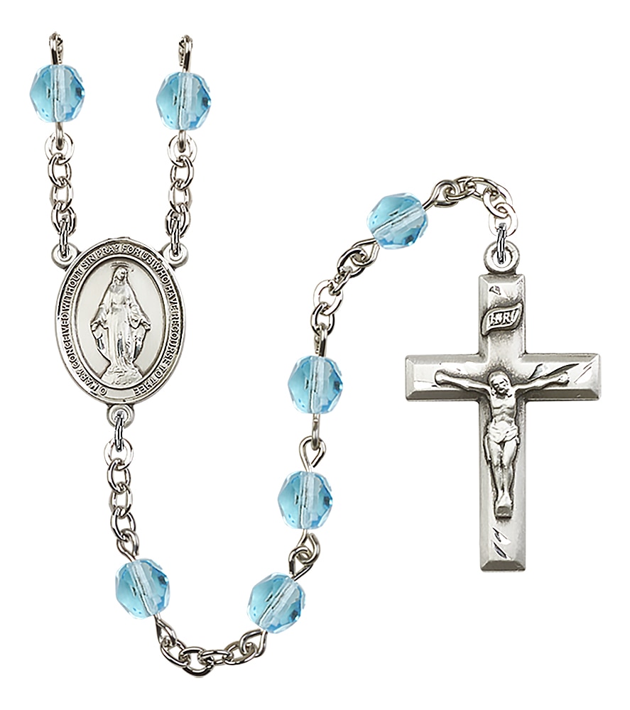 Hand Made Silver Plate Rosary with 6mm Fire Polished Beads featuring a Miraculous Center.  Handmade in the USA