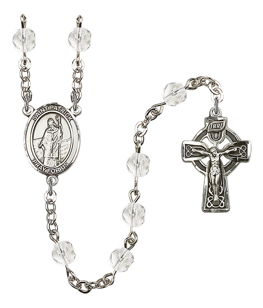 Hand Made Silver Plate Rosary with 6mm Fire Polished Beads featuring a St. Patrick Center.  Handmade in the USA