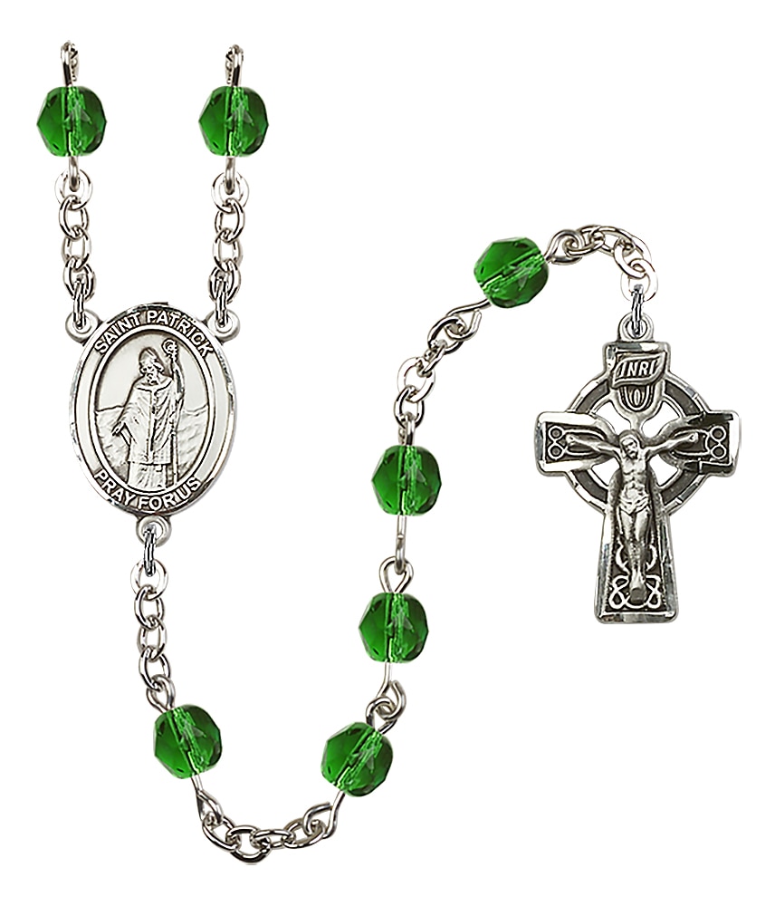 Hand Made Silver Plate Rosary with 6mm Fire Polished Beads featuring a St. Patrick Center.  Handmade in the USA