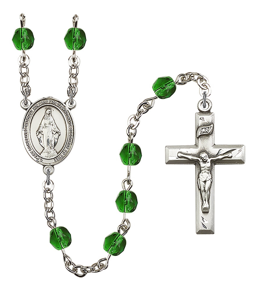 Hand Made Silver Plate Rosary with 6mm Fire Polished Beads featuring a Miraculous Center.  Handmade in the USA