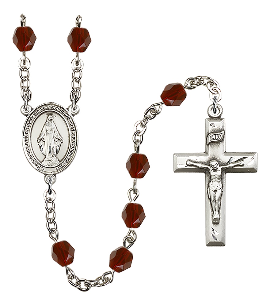 Hand Made Silver Plate Rosary with 6mm Fire Polished Beads featuring a Miraculous Center.  Handmade in the USA