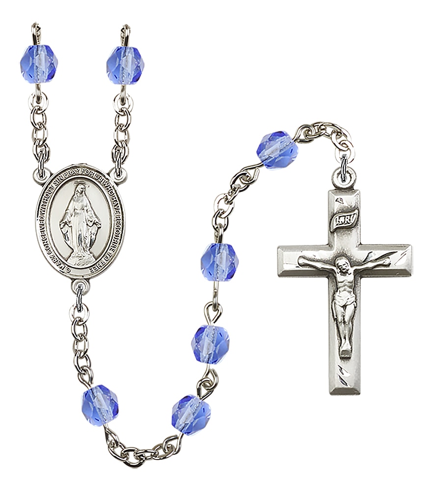 Hand Made Silver Plate Rosary with 6mm Fire Polished Beads featuring a Miraculous Center.  Handmade in the USA