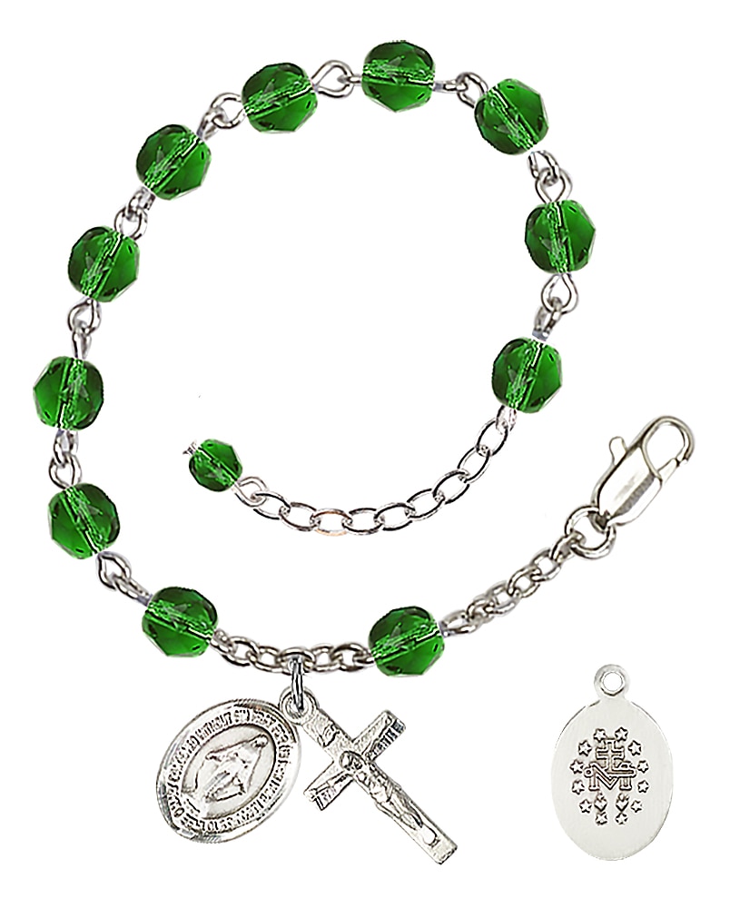 Hand Made Silver Plate Rosary Bracelet with 6mm Fire Polished Beads featuring a Miraculous Charm.  Handmade in the USA