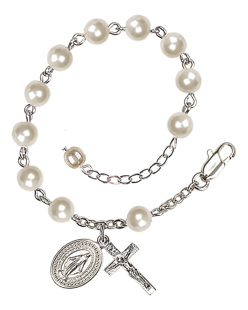 Adjustable, Imitation Pearl Rosary Bracelet in Silver-Plated.  Handmade in the USA