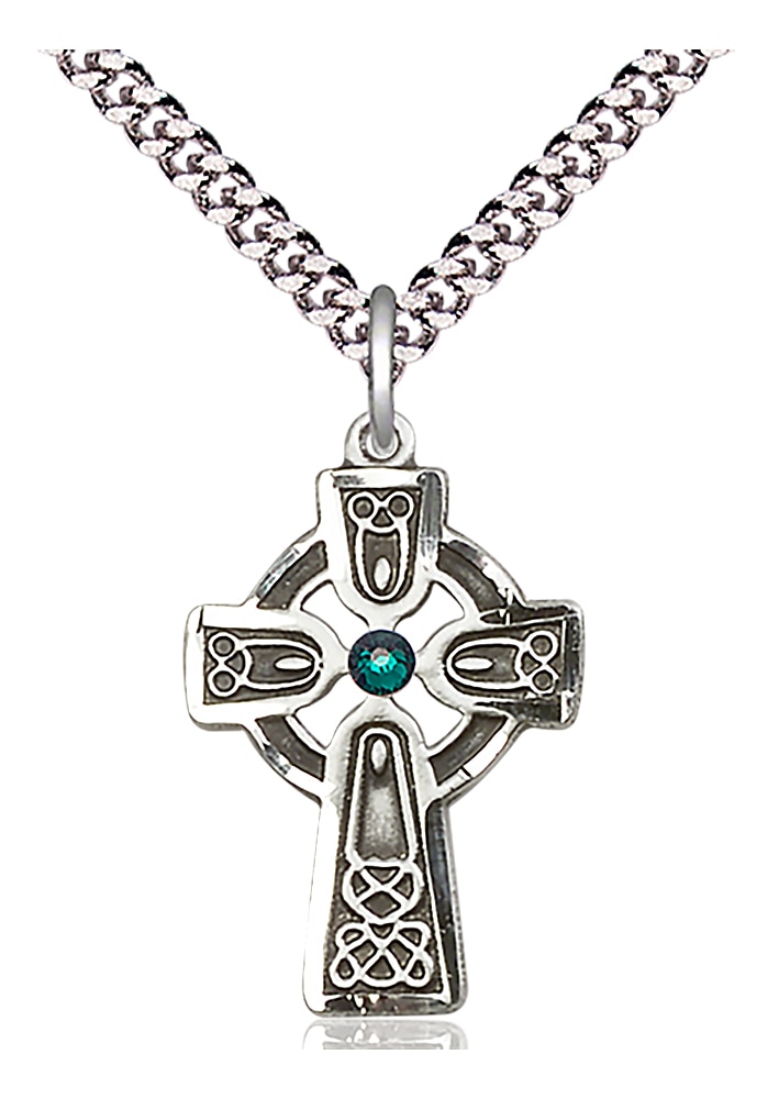 Sterling Silver Celtic Cross Pendant with a 3mm Dark Green Austrian Crystal stone on an 24-inch Light Rhodium Heavy Curb Chain.  Handmade in the USA