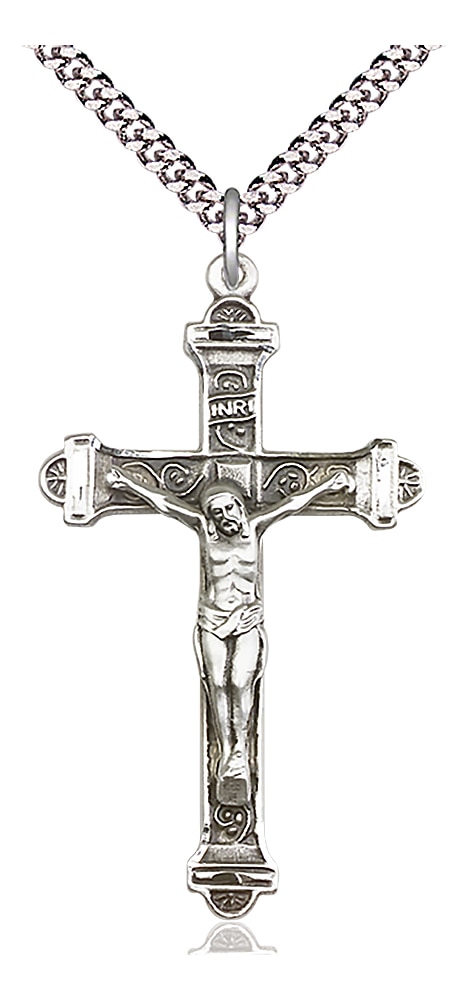 Sterling Silver Crucifix Pendant on an 24-inch Light Rhodium Heavy Curb Chain.  Handmade in the USA