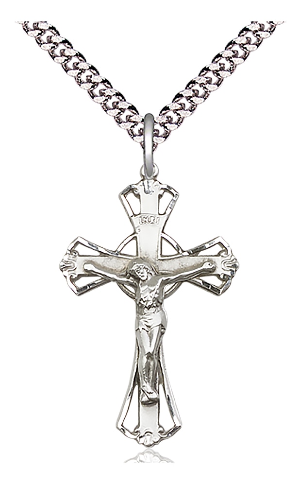 Sterling Silver Crucifix Pendant on an 24-inch Light Rhodium Heavy Curb Chain.  Handmade in the USA