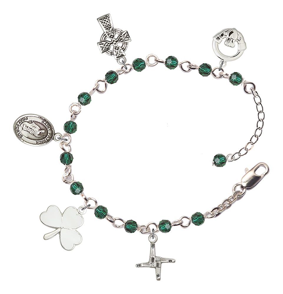 Rhodium Plated Irish Charm Bracelet with 4mm Austrian Crystal Emerald Green Beads
