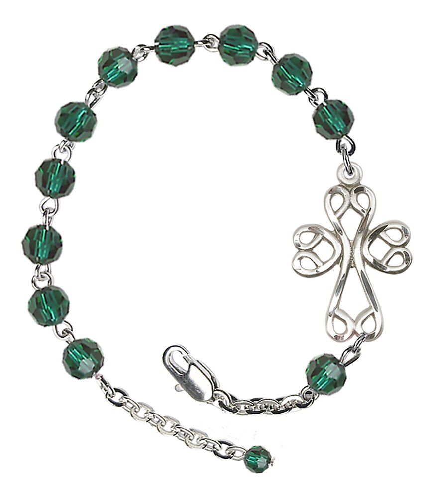 Rhodium Plated Emerald Green Crystal Bracelet with 6mm Beads Featuring an Irish Scroll Cross
