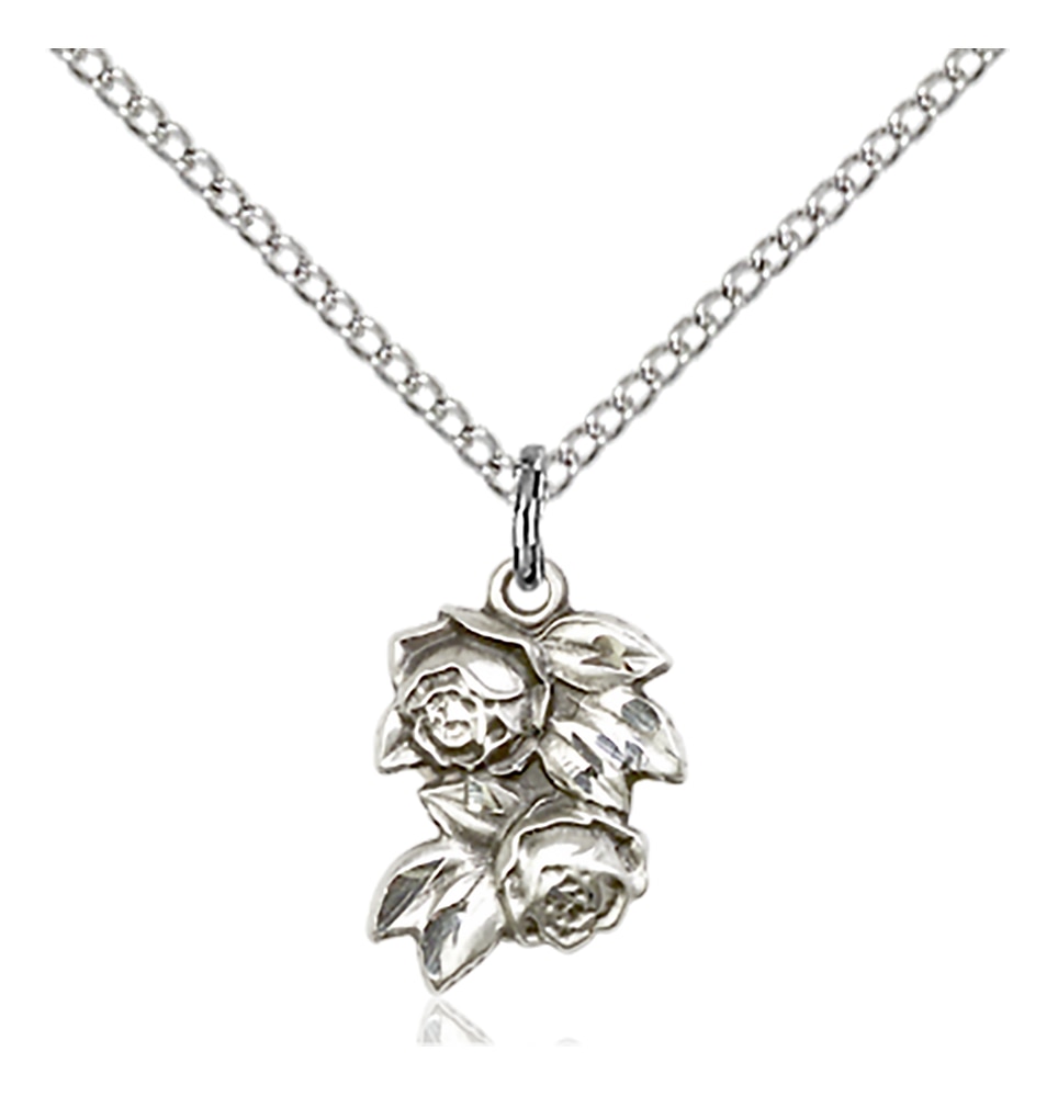 Sterling Silver Rose Pendant on an 18-Inch Light Rhodium Plated Light Curb Chain