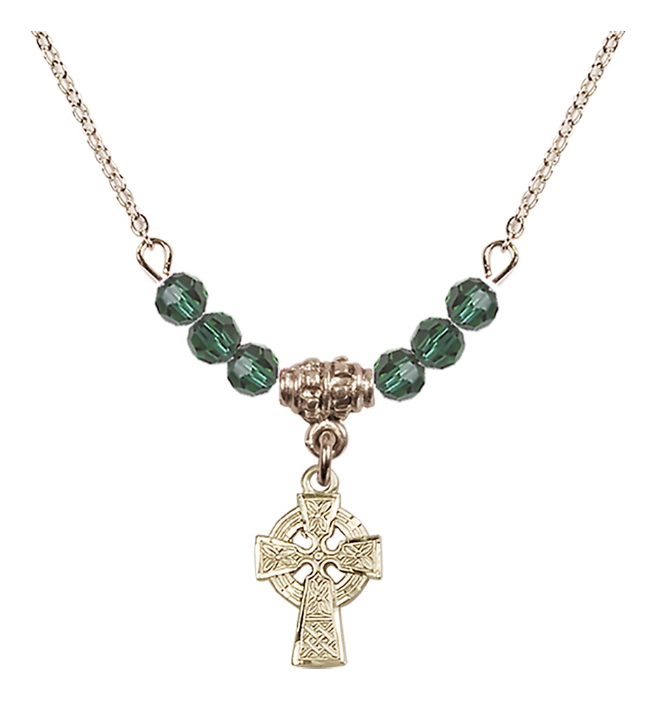 14 Karat Gold Filled Celtic Cross with 4 mm Emerald Colored Beads on an 18-Inch Gold Plate Chain