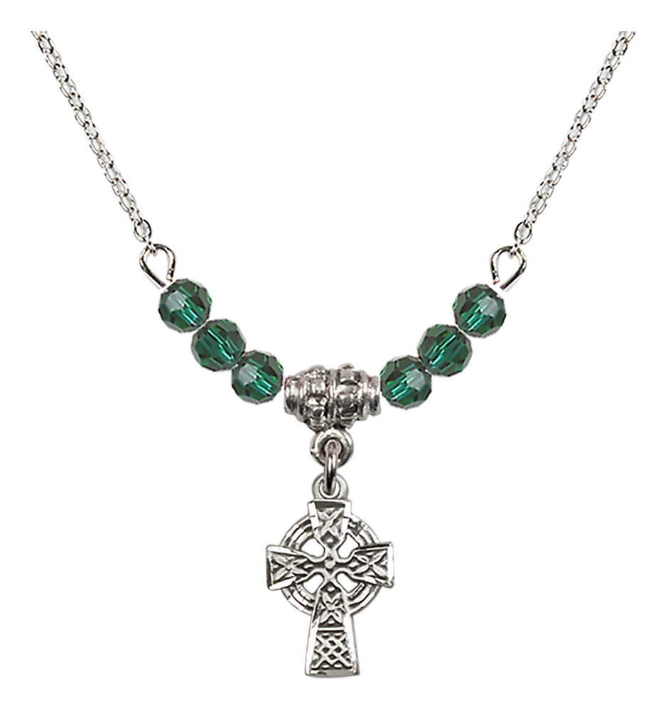 Sterling Silver Celtic Cross with 4 mm Emerald Colored Beads on an 18-Inch Gold Plate Chain