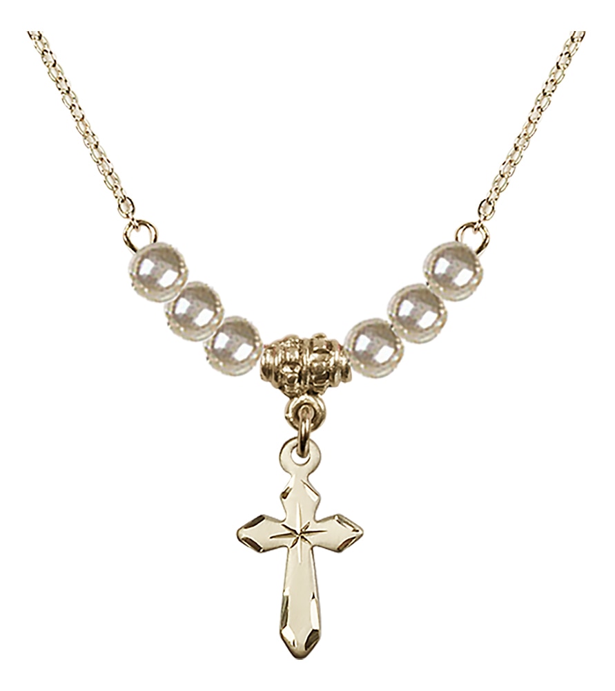 Gold Plated Engraved Cross with Imitation Pearl Beads on an 18-Inch Gold Plate Chain