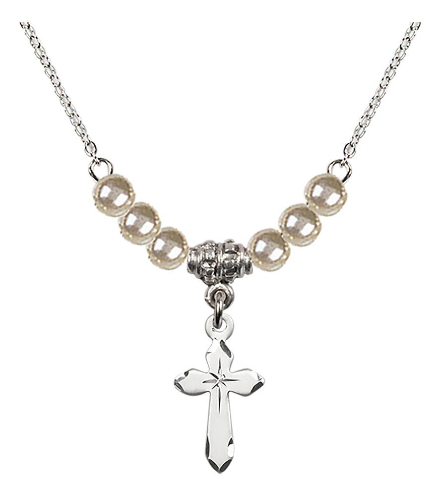 Pewter Engraved Cross with Imitation Pearl Beads on an 18-Inch Gold Plate Chain