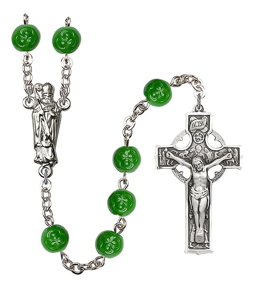 Hand Made Silver Plate Rosary with green shamrock Beads featuring a St. Patrick Center and Celtic Crucifix