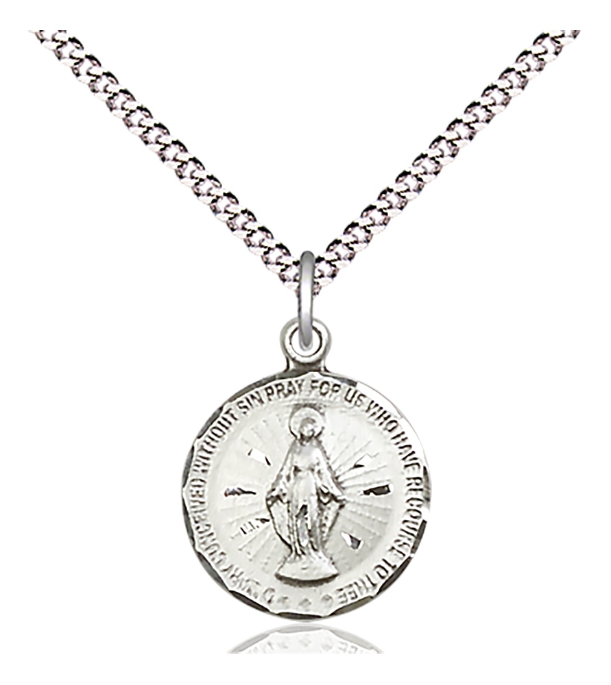 Sterling Silver Miraculous Pendant on a 18 inch Light Rhodium Light Curb Chain.