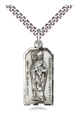 Sterling Silver St Patrick Pendant on a 24-inch Light Rhodium Heavy Curb Chain.