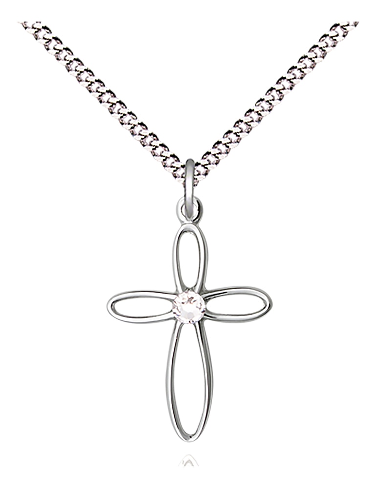 Sterling Silver Loop Cross Pendant with a 3mm Austrian Crystal Stone on a 18-inch Light Rhodium Light Curb Chain.