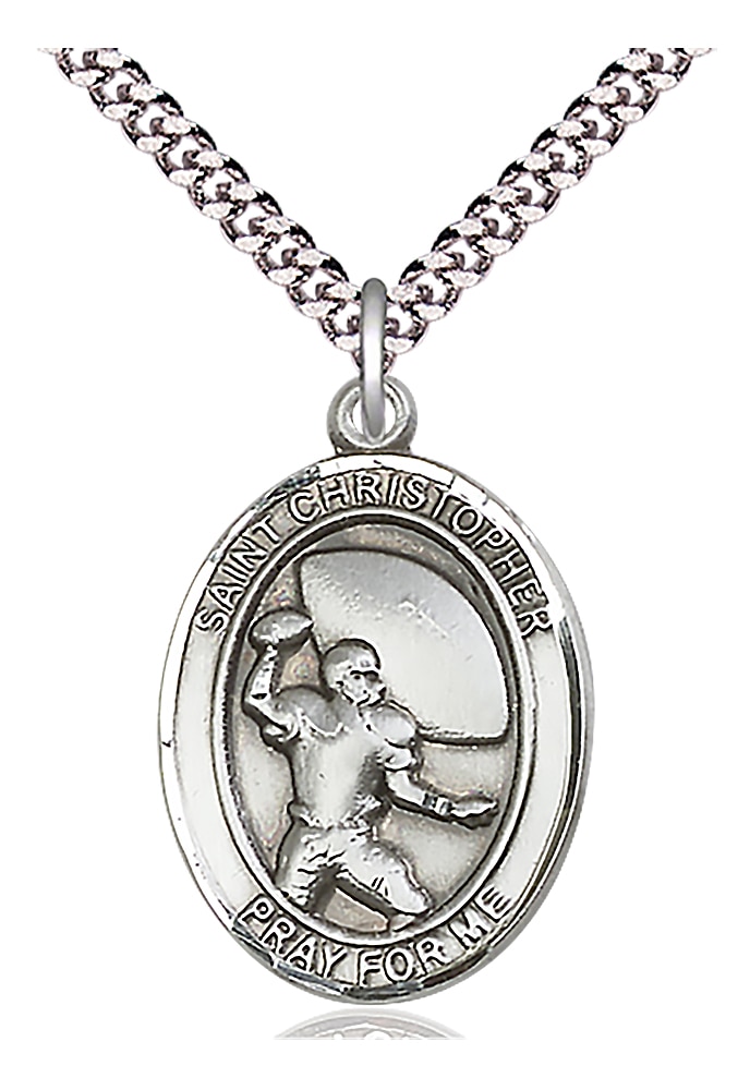 Sterling Silver St. Christopher Pendant on a 24-inch Light Rhodium Heavy Curb Chain.