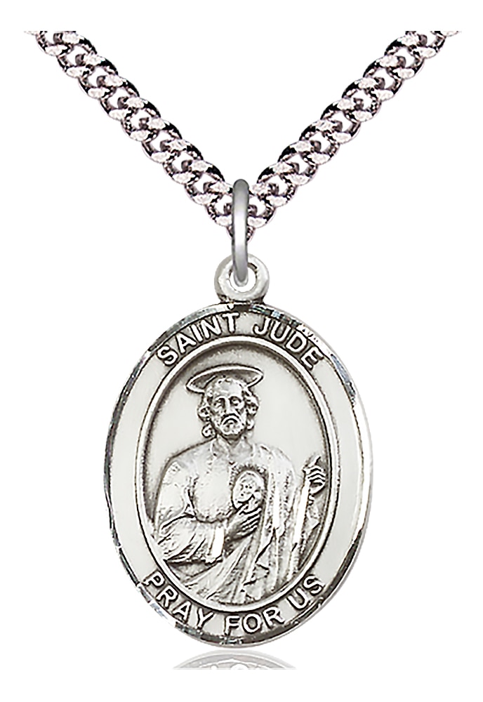 Sterling Silver St Jude Pendant on a 24-inch Light Rhodium Heavy Curb Chain.