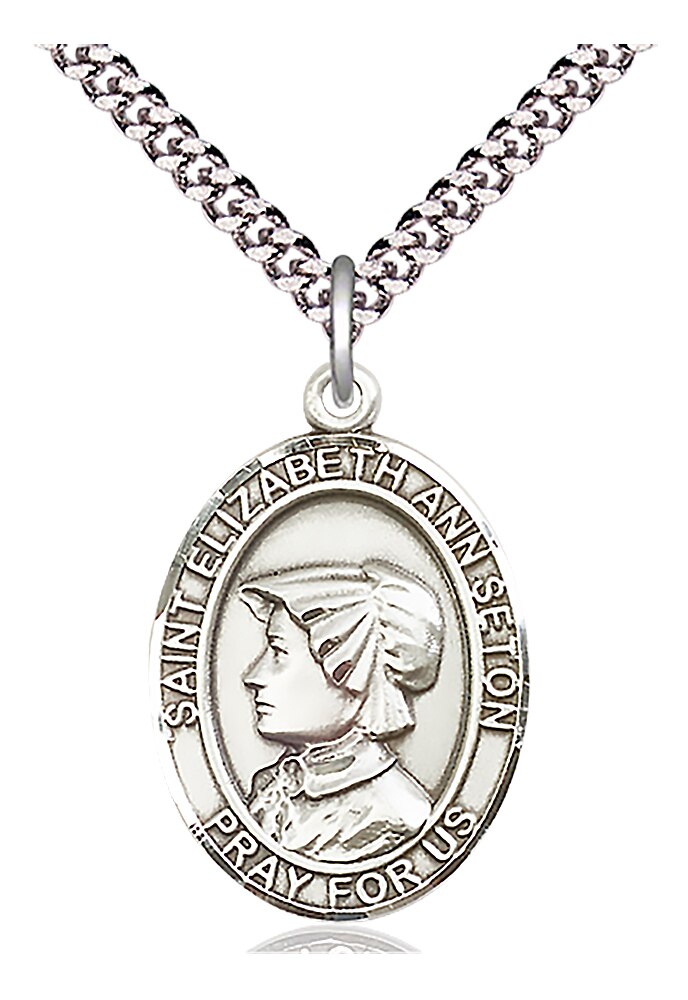 Sterling Silver St Elizabeth Ann Seton Pendant on a 24-inch Light Rhodium Heavy Curb Chain.