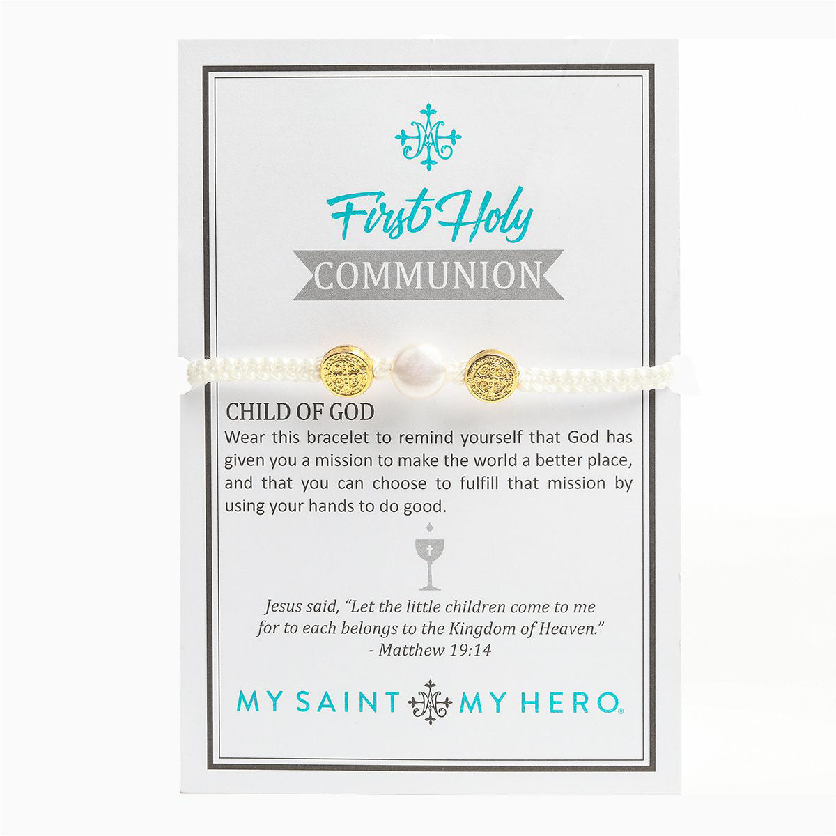 My Saint My Hero First Holy Communion Kids Bracelet - White/White Pearl/Gold