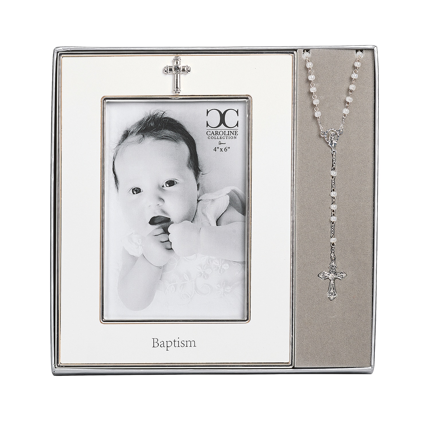 7"H Baptism Frame with Rosary Set 4x6