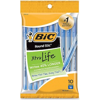 BIC Round Stic Xtra Life Ball Pen Medium 1.0mm Blue Ink 10 Count