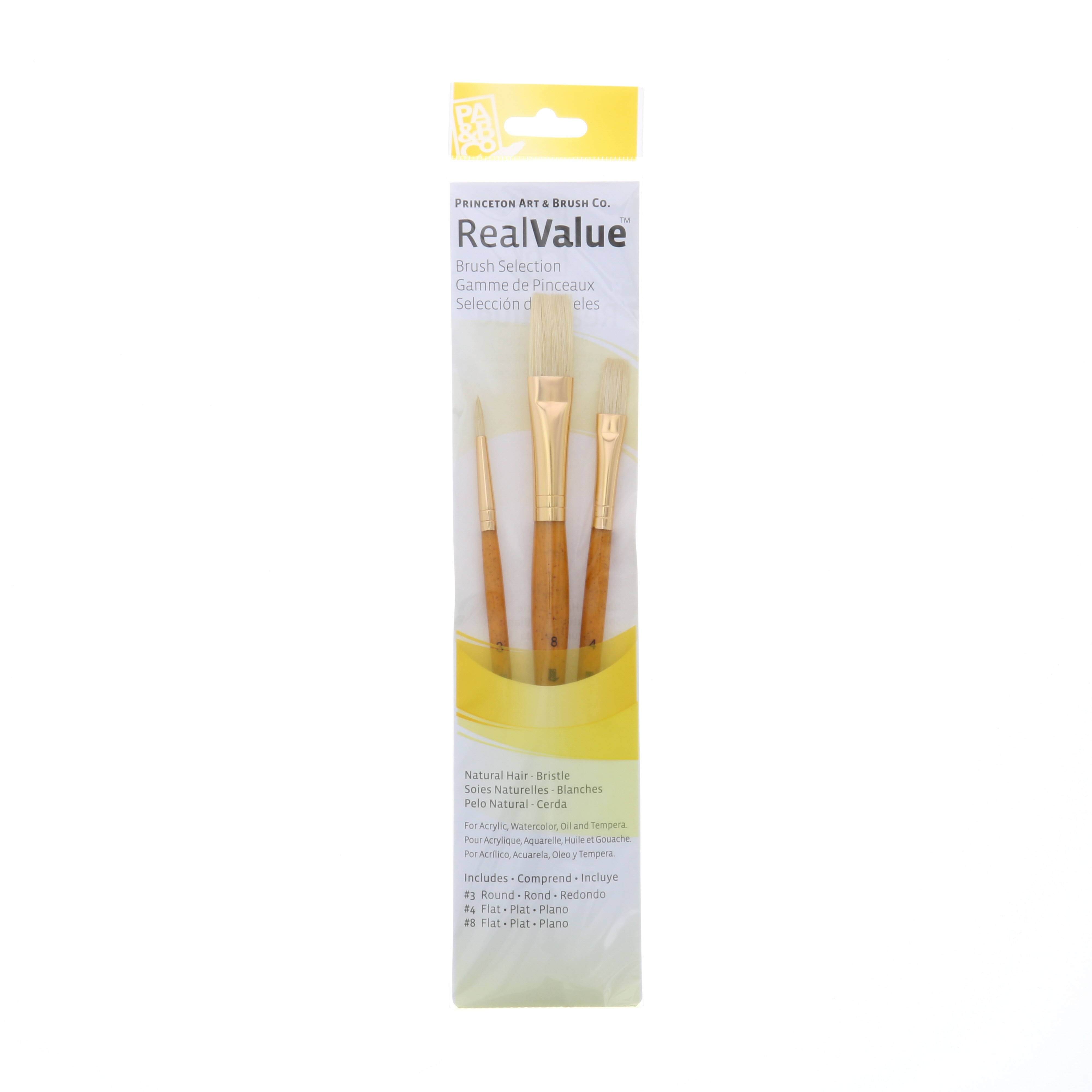 Princeton Brush Real Value 3-Brush Bristle Brush Set, Round 3, Flat 4, 8