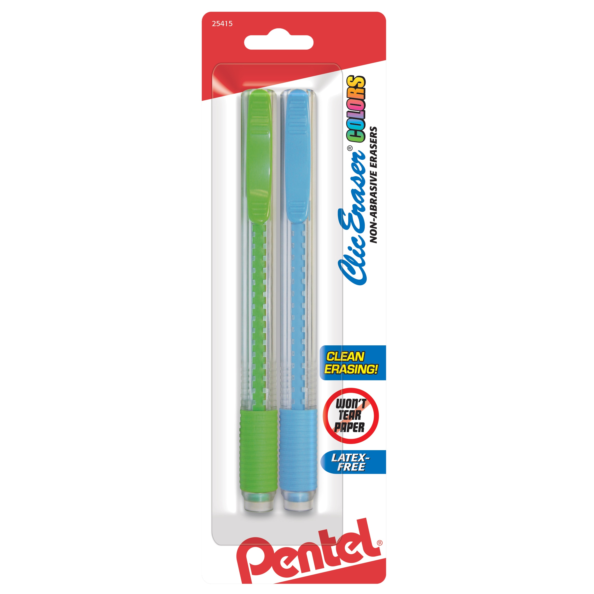 Pentel Clic Erasers, Assorted Colors, 2/Pkg.
