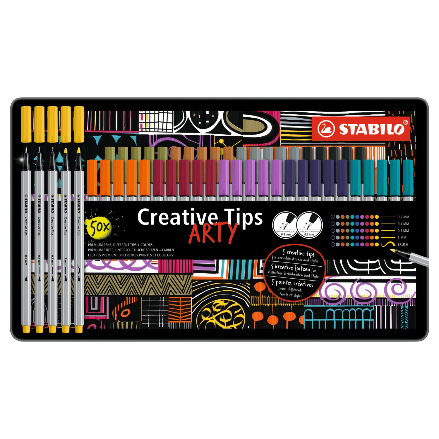 STABILO Multi-liner Creative Tips Set, 50-Piece ARTY Metal Tin Set