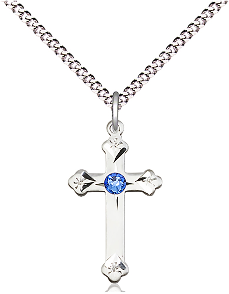 Sterling Silver Cross Medal With Dark Blue Stone 3/4 x 1/2 Inch