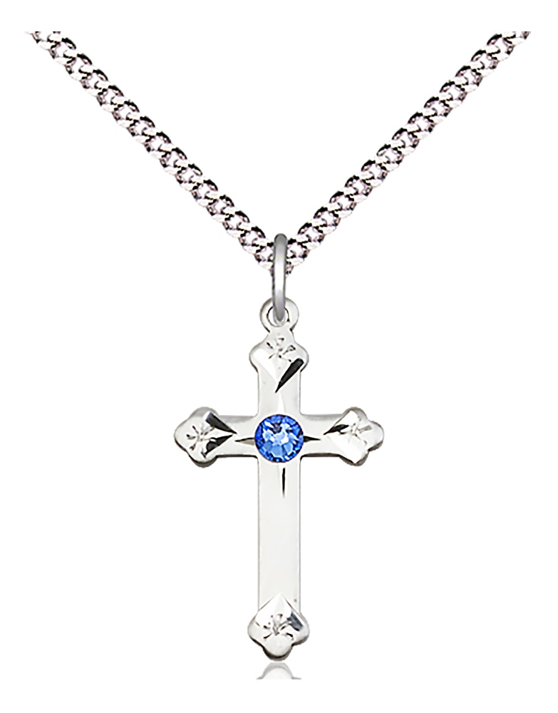 Sterling Silver Cross Medal With Dark Blue Stone 3/4 x 1/2 Inch