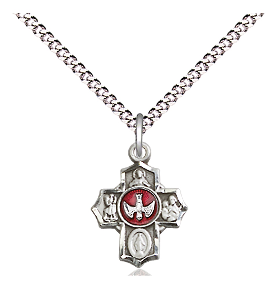 Sterling Silver Red Holy Spirit 5-Way Medal 1/2 x 3/8 Inch