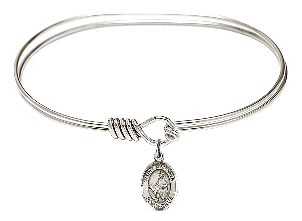 Rhodium Plated 7in Bangle Bracelet with Sterling Silver St. Dymphna Medal