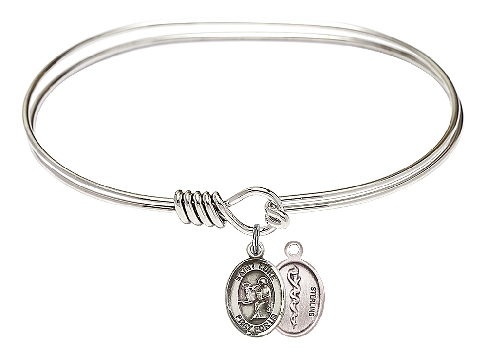 Rhodium Plated 7in Bangle Bracelet with Sterling Silver St. Luke/Doctor Medal