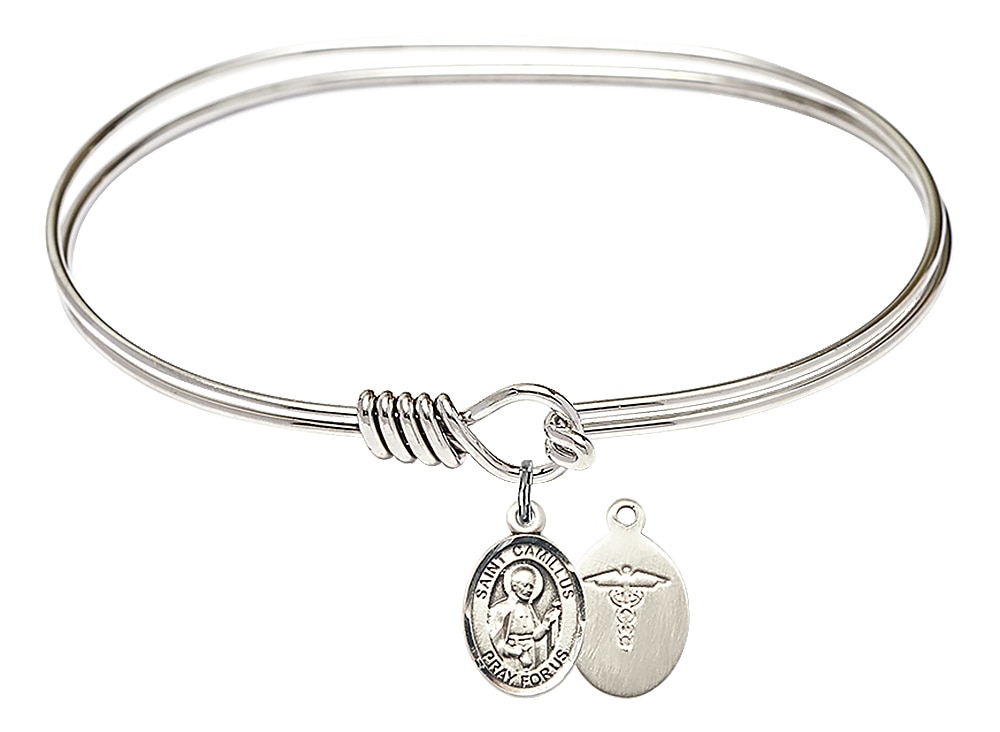 Rhodium Plated 7in Bangle Bracelet with Sterling Silver St. Camillus/Nurse Medal