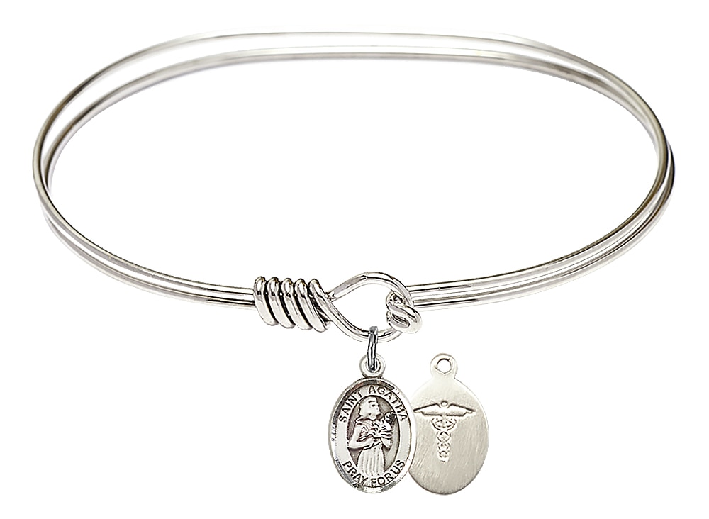 Rhodium Plated 7in Bangle Bracelet with Sterling Silver St. Agatha/Nurse Medal