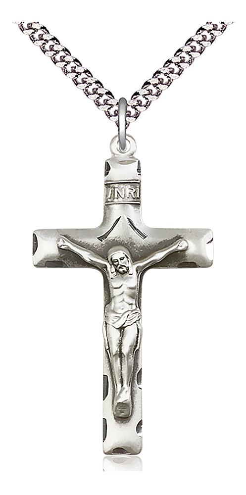 Sterling Silver Crucifix Pendant on an 24-inch Light Rhodium Heavy Curb Chain.  Handmade in the USA