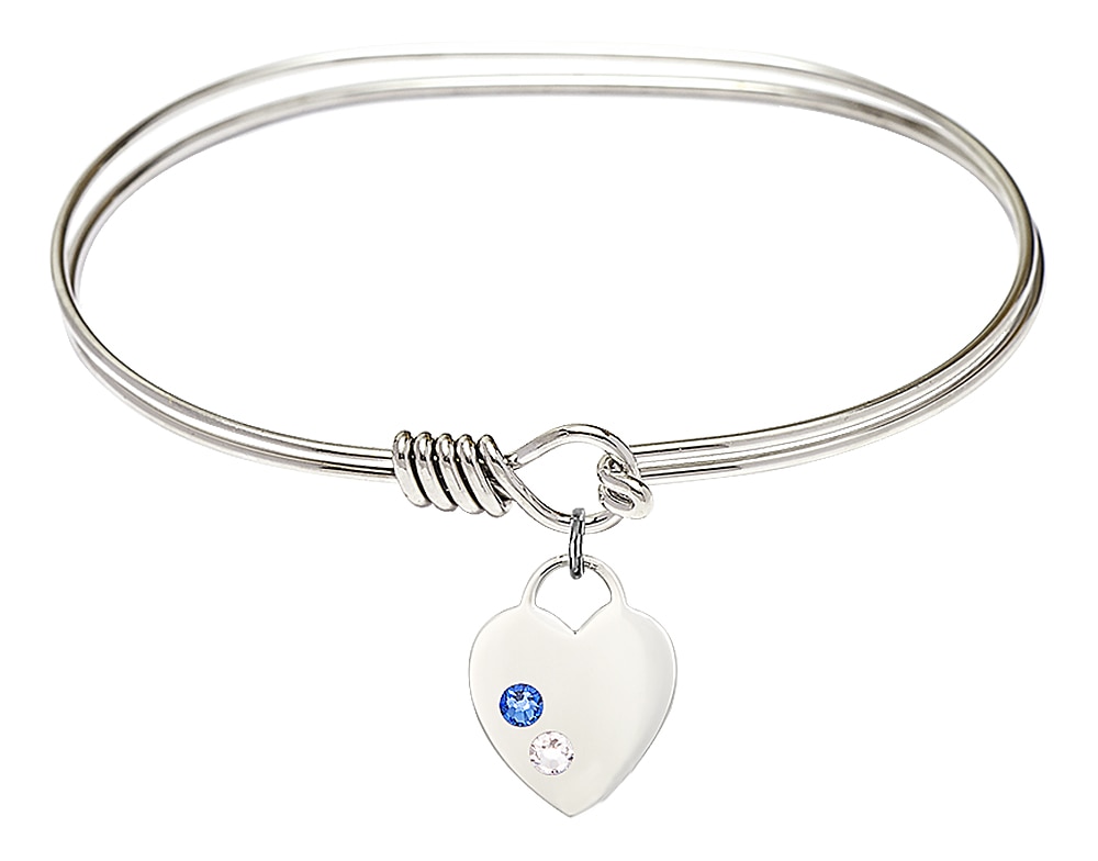 Rhodium Plated 7in Bangle Bracelet with Sterling Silver Heart Charm with Dark Blue and Crystal Stones