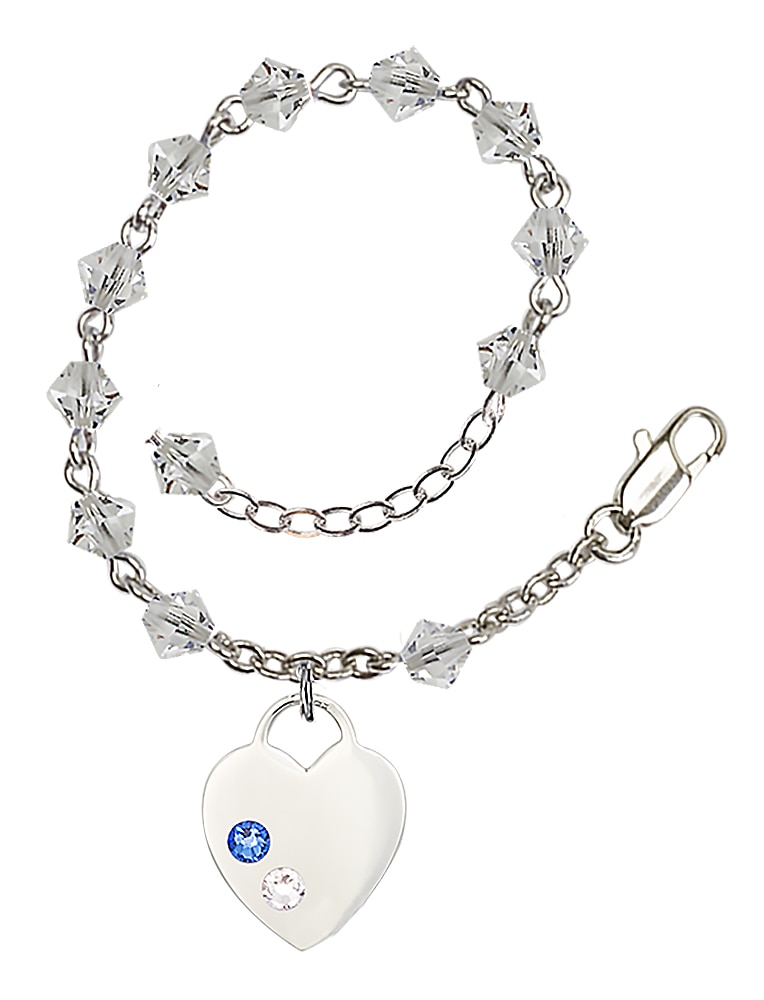 5mm Austrian Crystal Rosary Bracelet 7 1/2in with Sterling Silver Heart Charm with Dark Blue and Crystal Stones