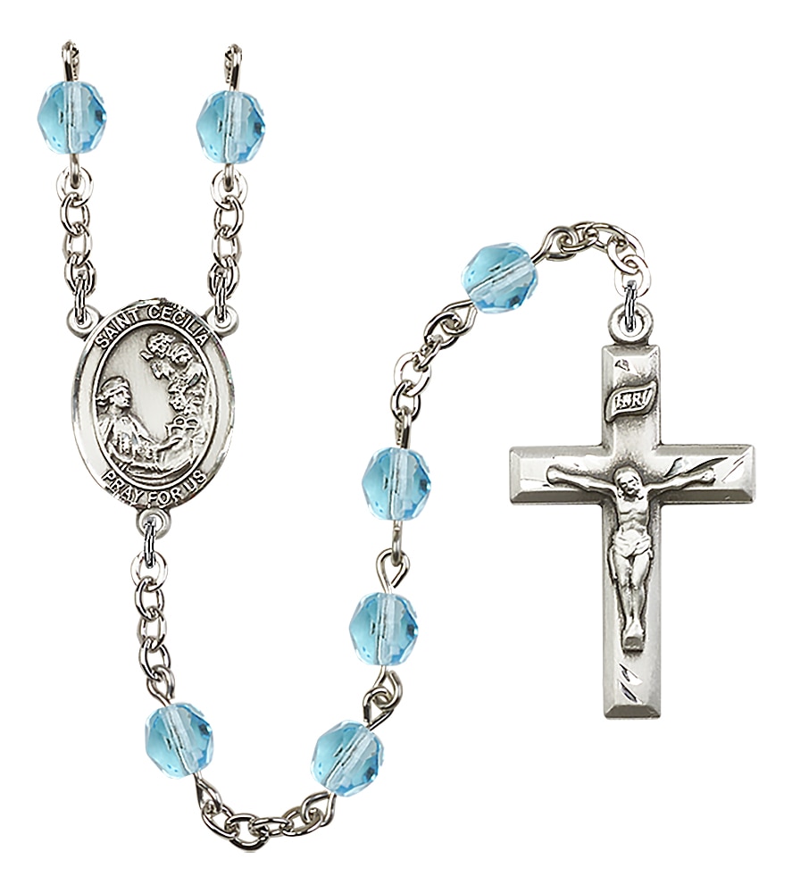 Rhodium Plated/Pewter 6mm Fire Polished Aqua Rosary with St. Cecilia Center