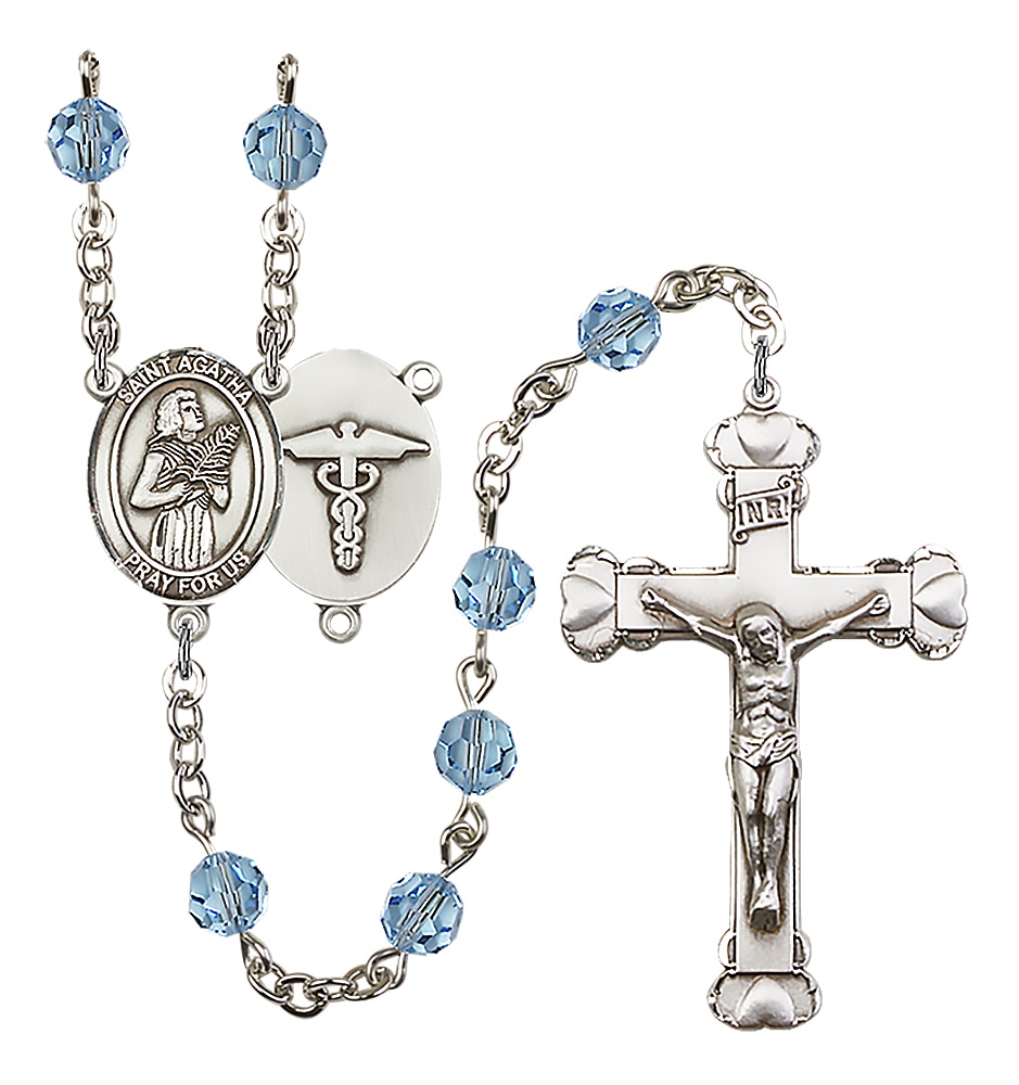 Rhodium Plated/Pewter 6mm Austrian Crystal Aqua Rosary with St. Agatha/Nurse Center